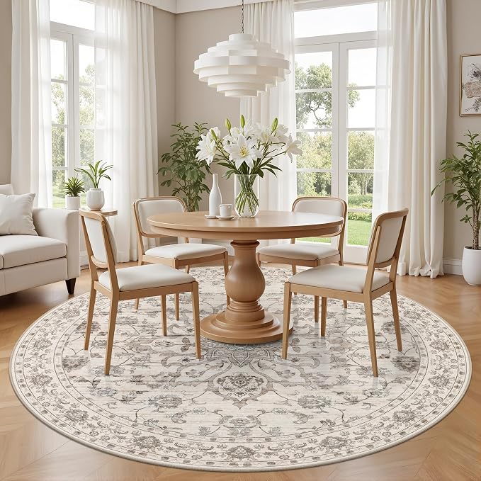 Round Area Rug for Living Room: 6ft Boho Washable Rug Brown Beige | Vintage Boho Soft Round Rug Indoor Floor No Slip Carpet Stain Resistant Rugs for Bedroom Dining Room Nursery Home Office
