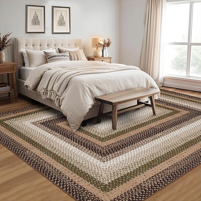 RUGSREAL 5x7 Bedroom Rug Braided Machine Washable Living Room Area Rugs | Modern Braid Printed Throw Carpet for Dining Room Non Slip Large Entry Farmhouse Rug for Home Decor, Moss/Brown