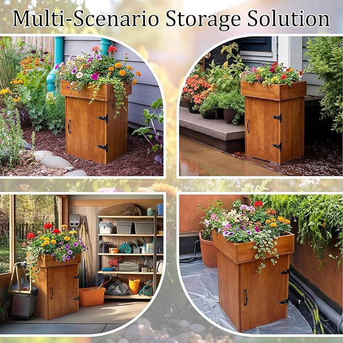 AceOrbit 2 in 1 Wood Hidden Hose Storage with Planter Box, Outdoor Decorative Flower Box with Storage Cabinet Holds up to 200 Feet of 5/8 Inch Hose for Patio, Porch & Garden Space-saving Decor