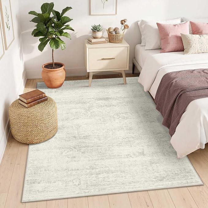 Latte&Fog Ivory 4x6 Area Rug Vintage Washable Small Neutral Rug for Laundry | Non Slip Low Pile Soft Floral Cute Carpet for Dining Kitchen Kids Playroom Nursery Guest Room Classroom Dorm Farmhouse Office