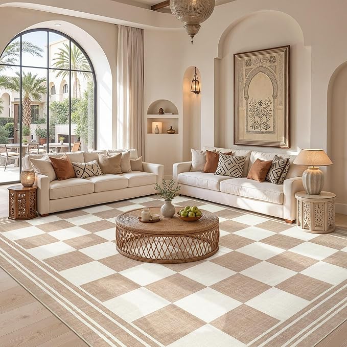 cotiled Boho 10x12 Area Rug for Living Room: Large Moroccan Washable Rug | Solve Modern Neutral Trendy Home Decor - Stain Resistan Carpet for Bedroom Farmhouse Khaki Brown