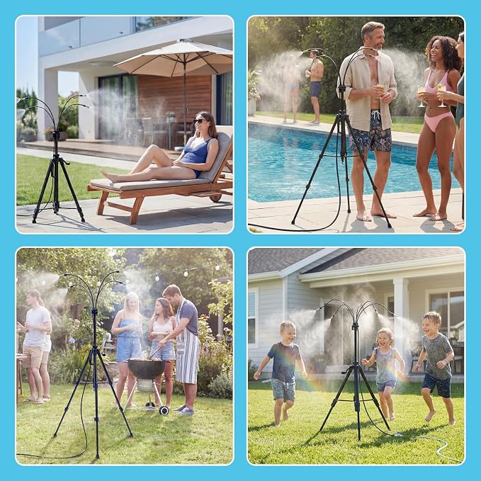 HOMENOTE Standing Misters for Outside Patio, 26FT Misting Hose, 4.8FT Adjustable Height Portable Misting System with Tripod Base, for Backyard, Pool, BBQ Cooling, Garden Watering & Tanning