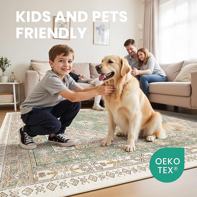 9x12 Area Rugs for Living Room,Large Washable Rug,Green | Rugs for Bedroom,Dining Room,Office,Low Pile,Soft, Vintage Rug,Stain Resistant Indoor Carpet,Non Slip,Home Decor