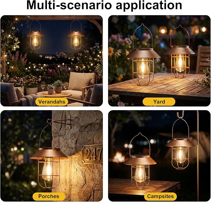 Livinlarge Solar Lanterns Outdoor Waterproof,Hanging Solar Lights for Outside with Wall Hooks Windproof Hook,Retro Metal Outdoor Lanterns Auto On/Off for Porch,Patio,Garden,Yard Decor 2 Pack（Bronze）