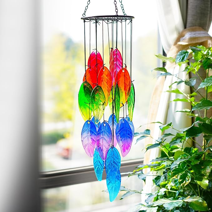 18'' Stained Glass Leaves Wind Chimes for Outside Unique Rainbow Leaves Forest Windchimes Outdoor Decoration Garden Ornament for Christmas Tree