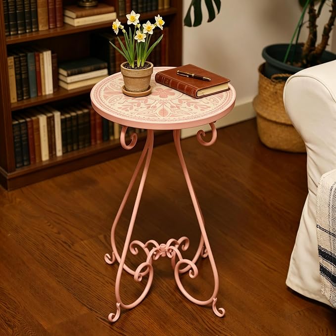 Outdoor Side Table & Mosaic Ceramic Plant Stand, 14" Metal Round End Table for Garden Home Patio Yard Porch Patio Decor Weather Resistant Outside Accent End Furniture (Flower#2)