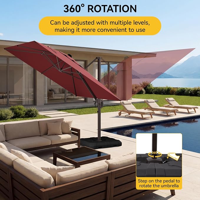 10x10FT Cantilever Outdoor Umbrella with Base, 360° Rotating Large Offset Square Patio Umbrella, Ideal for Garden Backyard Deck Courtyard, Red