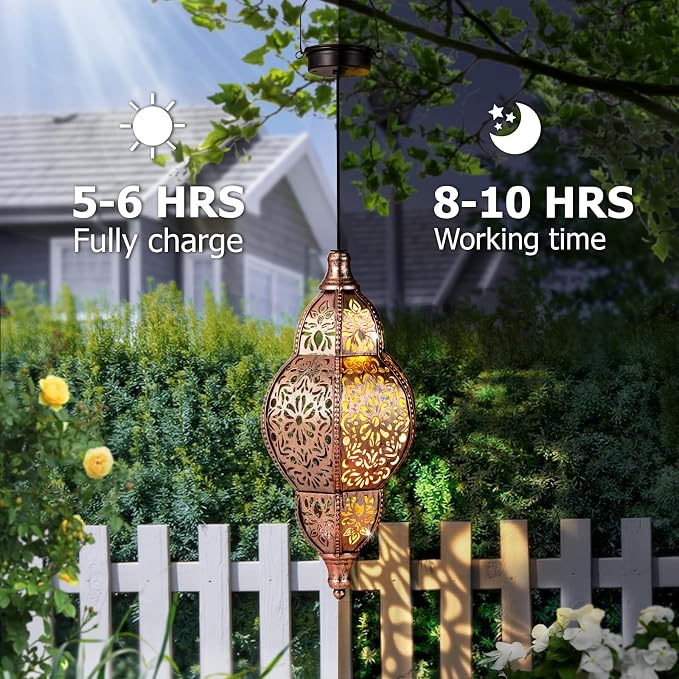 Solar Lantern Outdoor Waterproof, Hanging Garden Decor, Metal Moroccan Decorative Lights for Yard, Patio, Lawn, Porch, Unique Housewarming Gifts