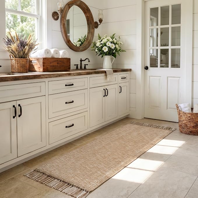 2' x 6' Kitchen Runner Rug, Modern Farmhouse Washable Bathroom Mat | Boho Hand Woven Rugs for Hallways, Tan/Cream Jute Bedroom Runner Rug, Reversible Carpet for Laundry, Entryway, Bedside, Patio