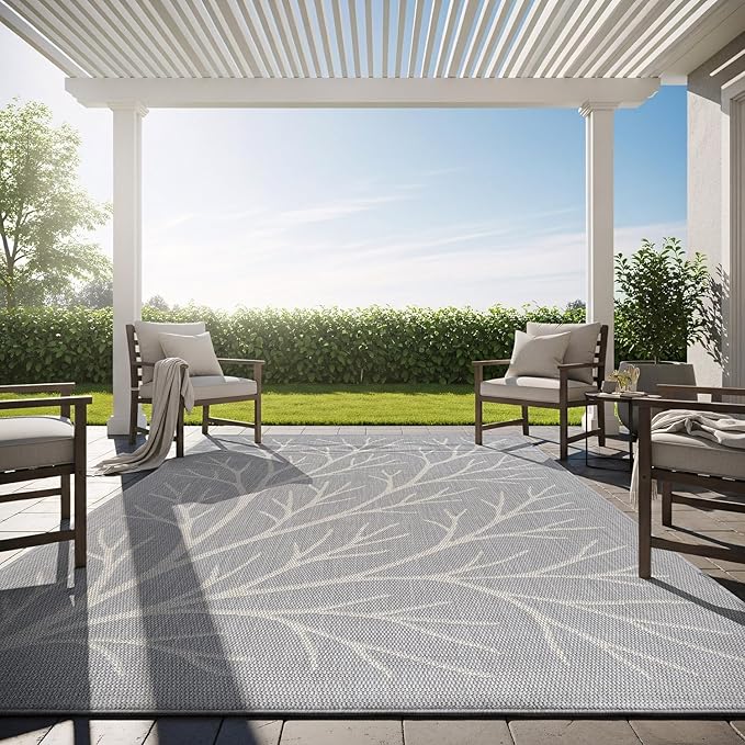 Washable Indoor Outdoor Rug 10x14 Modern Area Rugs Branch Pattern Non Shedding Waterproof Easy Clean Patio Deck Porch Living Room Bedroom Garden RV (10 X 14 Gray)