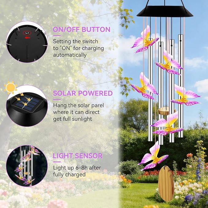 Wind Chimes for Outside, Solar Lights Outdoor Waterproof, Color Changing Butterfly Light for Yard, Outdoor, Patio, Garden Decor, Wind Mobiles Gardening Gifts for Women, Mom, Wife, Purple Butterfly
