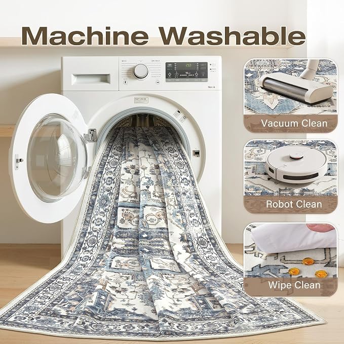 Vintage Washable 8x10 Area Rug for Living Room, Vintage Blue | Soft Low Pile Rug with Non-Slip Backing, Stain Resistant for Bedroom or Dining Room, Kid & Pet Friendly