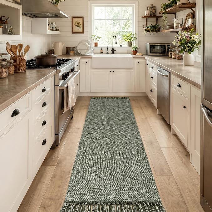 Kitchen Carpet Runners for Hallway 2.6x12ft, Washable Bathroom Rugs | Boho Sage Green Entryway Runner Rug, Hand-Woven Reversible Hallway Carpet for Laundry Bedroom Front Door Decor