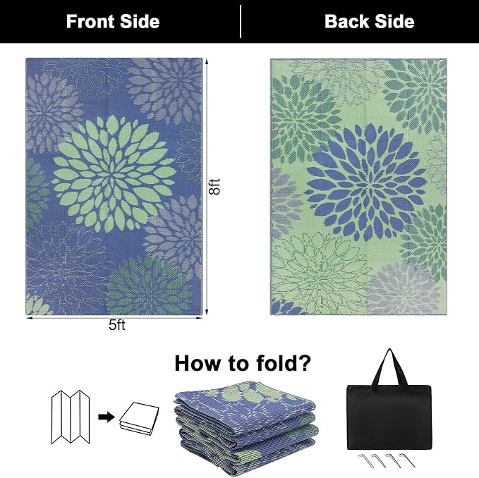 Ileading Waterproof Outdoor Rug 5x8, Reversible Plastic Straw Patio Rug, Portable Indoor Outdoor RV Camping Mat Carpet for Deck, Porch, Balcony, Backyard, Picnic, Floral Navy Blue