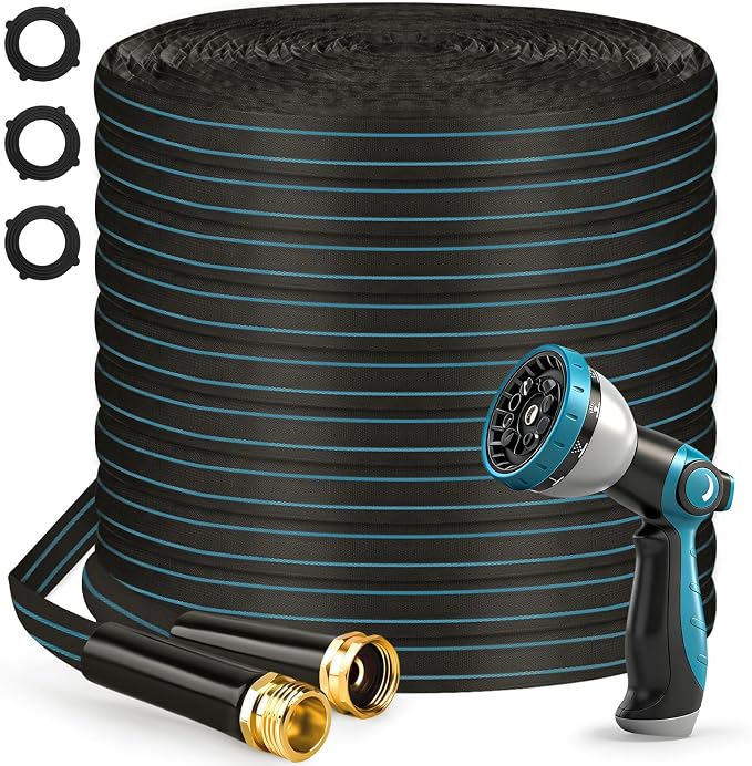 Halfjuly Garden Hose 25FT, Flat Non-Expandable Lightweight Water Hose, Durable Flexible Heavy Duty No Kink Design with 3/4" Fittings, 10 Way Spray Nozzle for Outdoor Yard Lawn