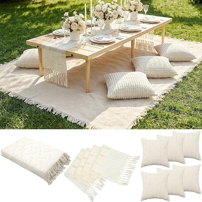Beeveer 8 Pcs White Picnic Kit Extra Large Outdoor Boho Picnic Blanket 91x71'', Low Table Runner, 6 Throw Pillow Covers, Woven Cotton Yarn Oversize Washable Beach Blanket for Camp Wedding Garden Decor
