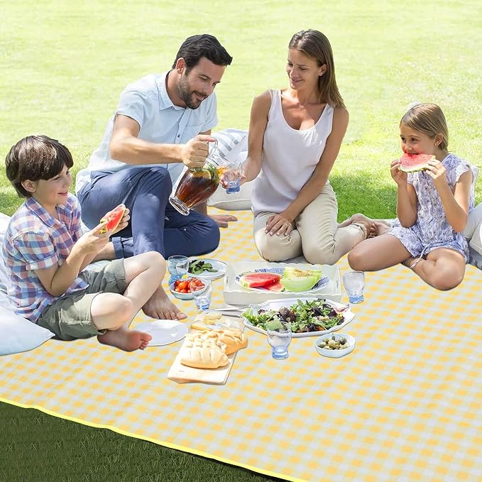 HX&OD Picnic Blanket Outdoor Extra Large Picnic Mat 80"X60" Camping Blanket Beach Blanket Foldable Waterproof Sand Mat Hiking Travel Family Concerts(Yellow)