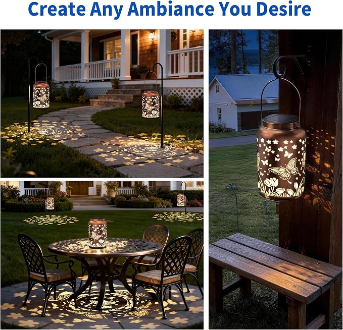 JEJOT Butterfly Solar Lanterns Outdoor Waterproof, Mothers Day Gifts, Birthday Gifts for Women Mom Grandma,Metal Hanging Solar Lantern for Yard,Garden,Porch Landscape Deconrations-1 Pack