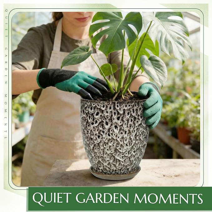 9.5 Inch Flower Pots for Indoor Plants,Ceramic Planter with Saucer Drainage Leak-Proof Mesh Gardening Gloves (Spotted White)