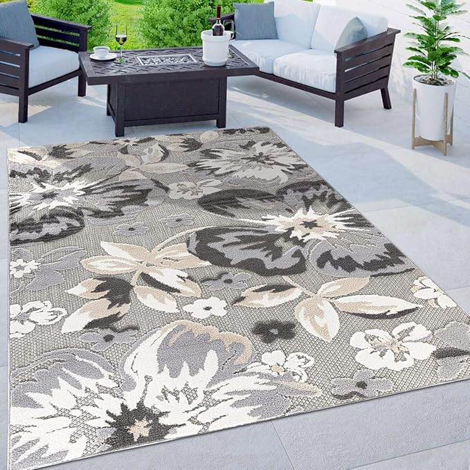 Rugshop Bergamo Contemporary Floral Non-Shedding Easy Cleaning Patio Deck Backyard Indoor/Outdoor Area Rug 12' X 15' Gray