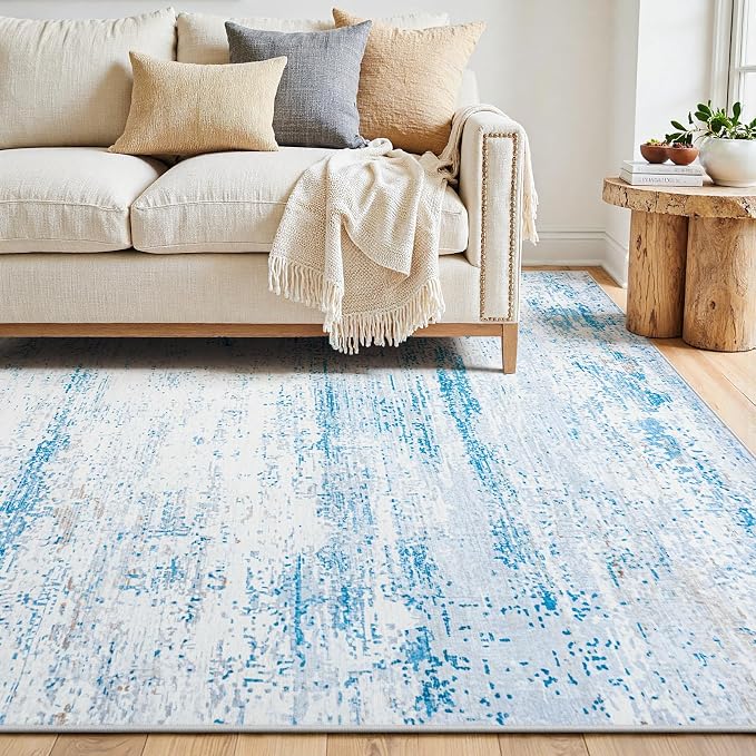 5x7 Washable Area Rug for Living Room Bedroom: Non-Slip Modern Light Blue | Machine Washable TPR Backing, Stain-Resistant Low Pile, Pet & Kid Friendly, Abstract Decor for Dining Room, Dorm, Home Office