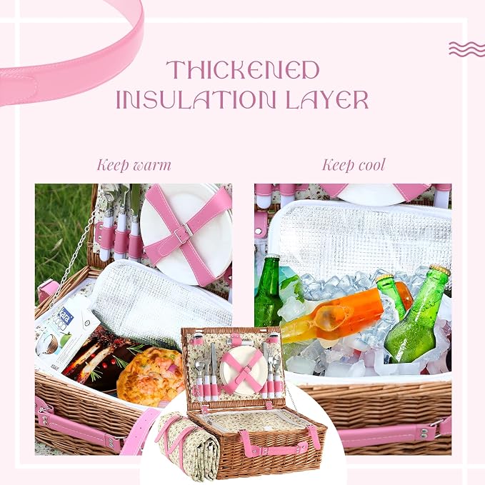 Picnic Basket Set for 4 with Waterproof Blanket Mat Insulation Bag Wicker Pink Floral Classic Fresh Gift for Christmas Thanksgiving Wedding Birthday Camp Outdoor Beach Travel