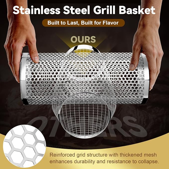 Octagonal Grill Basket, Heavy Duty 304 Stainless Steel BBQ Grilling Basket, Removable Handles, Nesting Storage, Smoker Camping Accessories, Gifts for Men Dad Husband(2PCS)