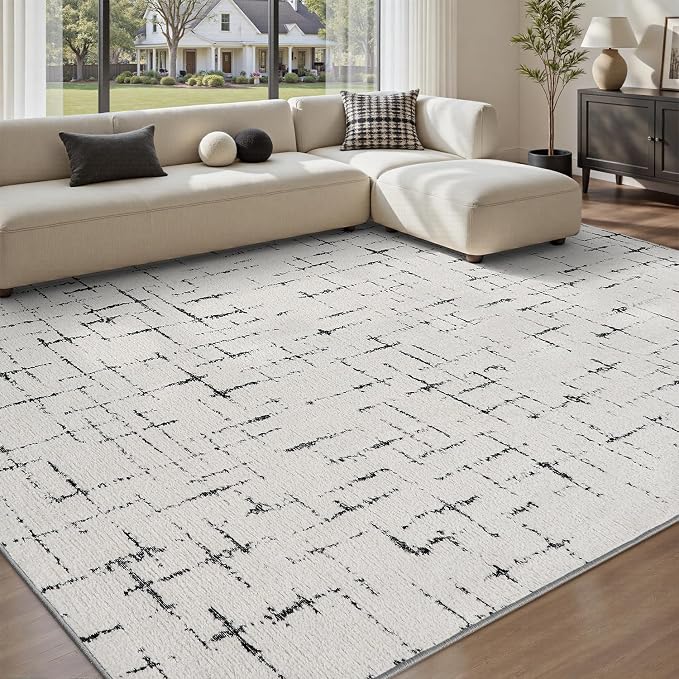Engiw-Neutral 8x10 Area Rug for Living Room Rug-Carpet Bedroom Rugs Textured Tufted Jacquard Modern Washable Rug for Dining Room Nursery Non Slip-Black and White