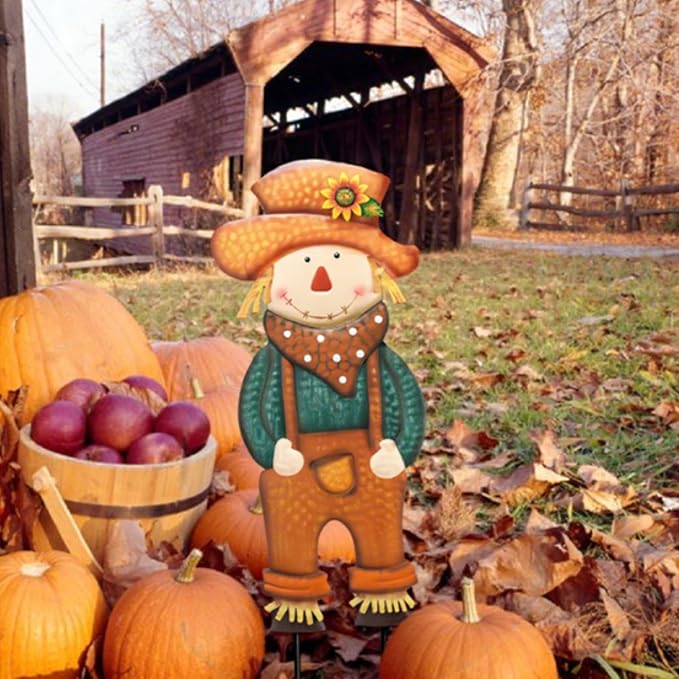 TERESA'S COLLECTIONS Fall Decor for Outdoor Home, Scarecrow for Garden Metal Stakes for Fall Decorations, Autumn Decor for Thanksgiving Decorations, Orange Harvest Yard Signs for Home Lawn Patio, 24"