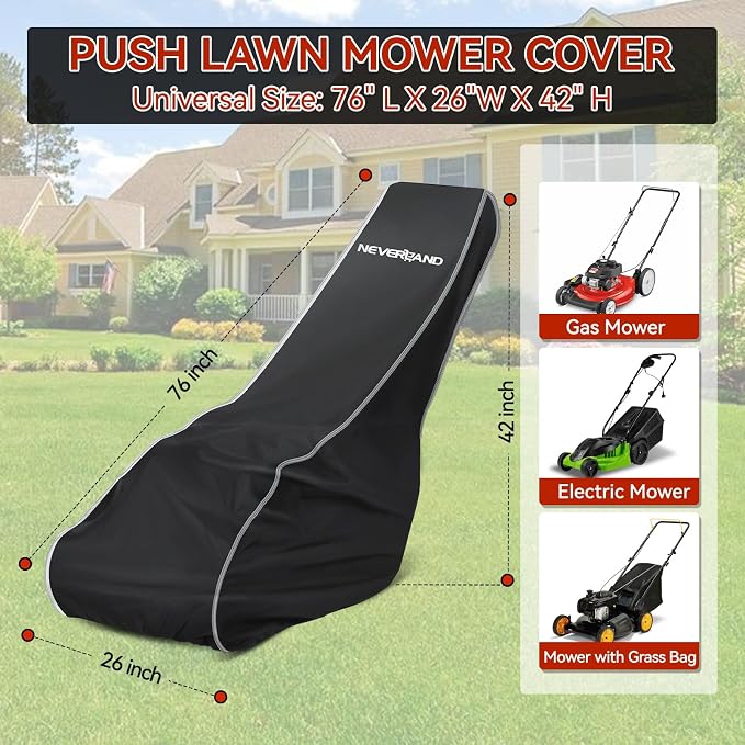 NEVERLAND Push Mower Cover - 800D Waterproof Heavy Duty for Outdoor Storage | Universal Fit Walk-behind Mowers up to 22", UV protection, windproof elastic hem, includes storage bag, protects electronics