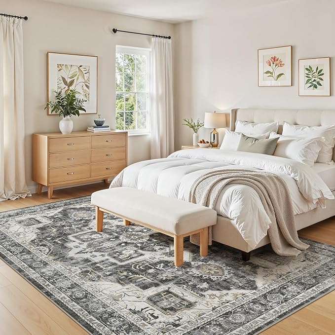Vintage Washable 6x9 Area Rug for Living Room, Black | Soft Low Pile Rug with Non-Slip Backing, Stain Resistant for Bedroom or Dining Room, Kid & Pet Friendly