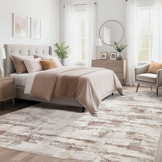 kakania Abstract 10x14 Area Rugs for Living Room: Washable Rugs Light Brown | Soft, Non-Slip, Low-Pile, Pet & Kid Friendly - Large Modern Home Decor Carpet for Bedroom/Dining Room/Office/Nursery