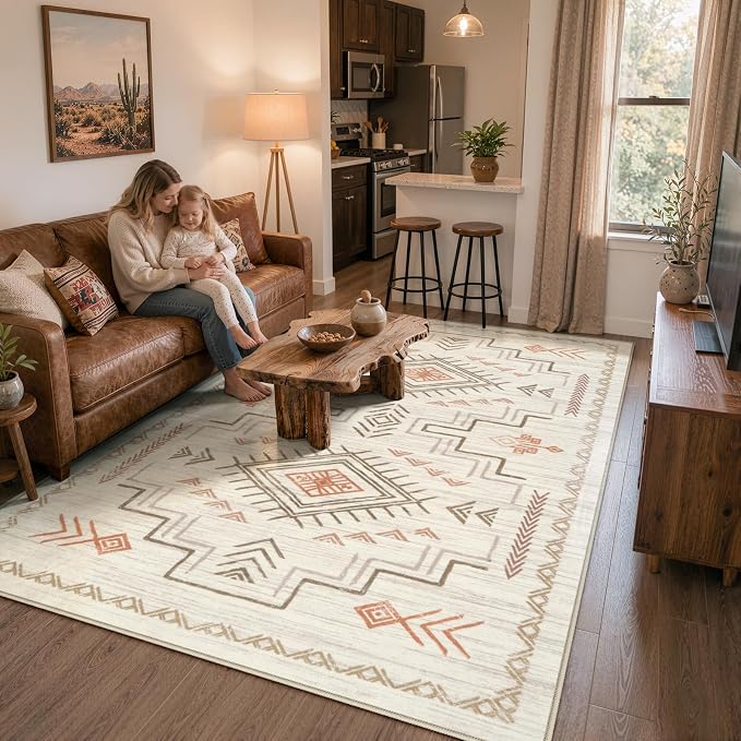 STARUIA Washable 8x10 Area Rug for Living Room, Beige Western Aztec Tribal Moroccan Area Rug, Boys Neutral Rug for Bedroom, Soft Non-Slip Non-Shedding Large Carpet Under Dining Table Home Office