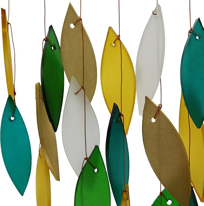 Blue Handworks Rainforest Waterfall Glass Wind Chime | Handcrafted Waterfall Glass Wind Chime in Deep Emerald Green, Bold Gold, Chartreuse Yellow, Dark Teal and Frosted White