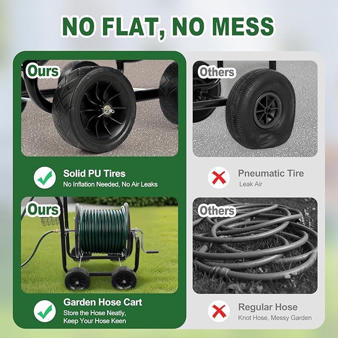 VINGLI 300FT 5/8in Garden Hose Reel Cart, 4-Wheel Portable Residential Hose Reel Cart, Hose Guide System with Storage Basket, Rust Resistant, for Family Yard, Garden and Farm (Black)