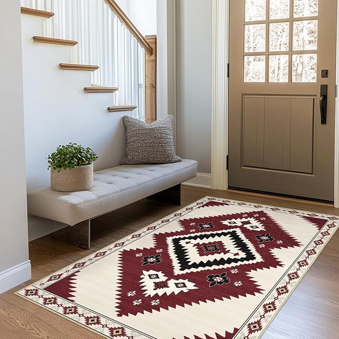 4x6 Western Rugs for Living Room Southwestern Aztec Tribal Area Rug | Washable Southwest Navaj Rugs Low Pile Non-Slip Indoor Floor Carpet for Dining Room Bedroom Kitchen Office, Beige Red