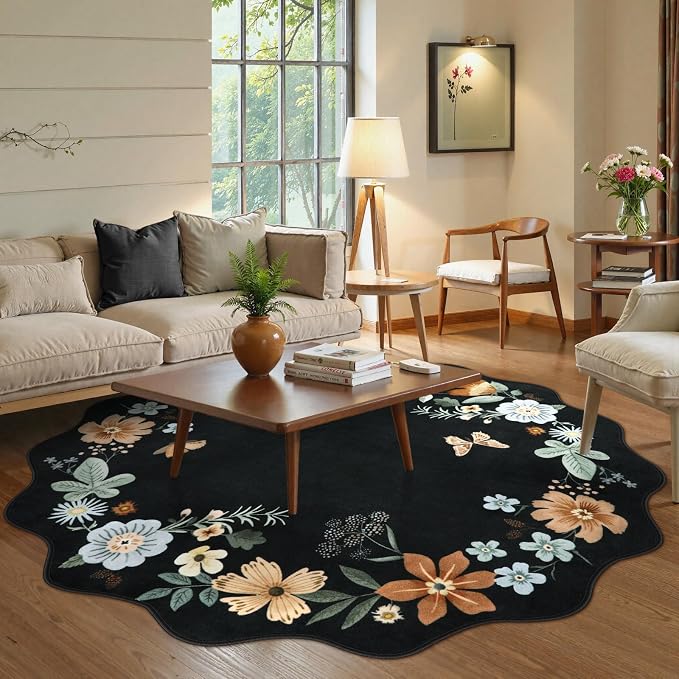 Lahome Floral Washable Round Area Rug, Round Rug 5ft Soft Non-Slip | Non-Shedding Boho Circle Carpet for Bedroom Living Room Bathroom Nursery Kitchen Flore, Black Grey