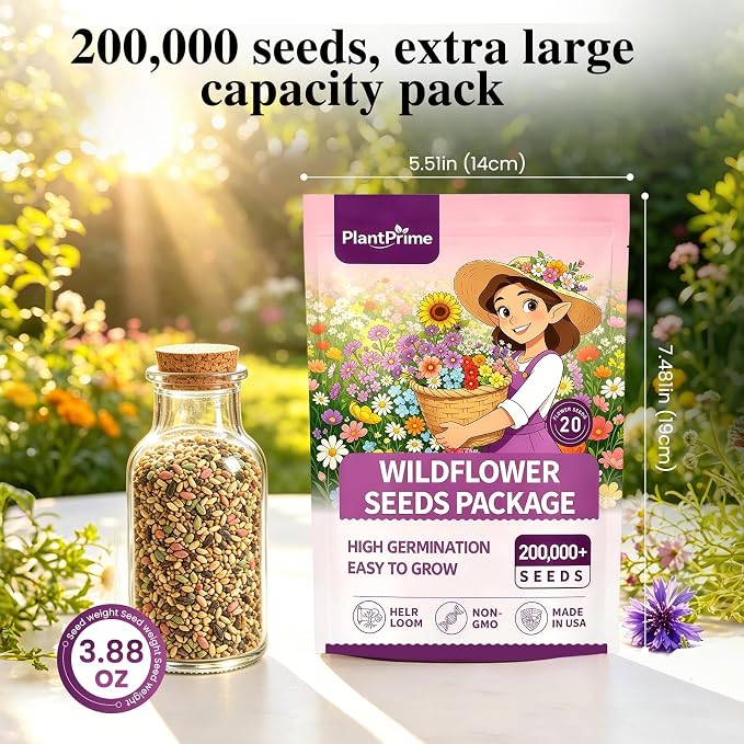 Wildflower Seeds Bulk (4oz) – 20 Varieties 200,000+ Perennial & Annual Mix, High Germination, Attracts Bees, Butterflies & Hummingbirds for Outdoor Pollinator Garden, Non-GMO Easy Grow
