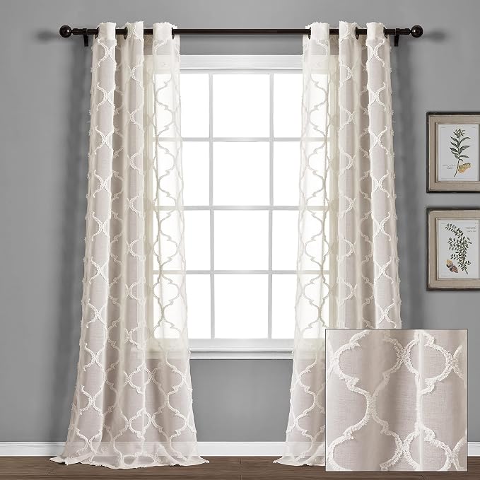 Lush Decor Avon Trellis Grommet Sheer Window Curtain Panels Pair 38" W x 95" L Beige - Sheer Curtains for Living Room - Modern Farmhouse Bedroom Curtains