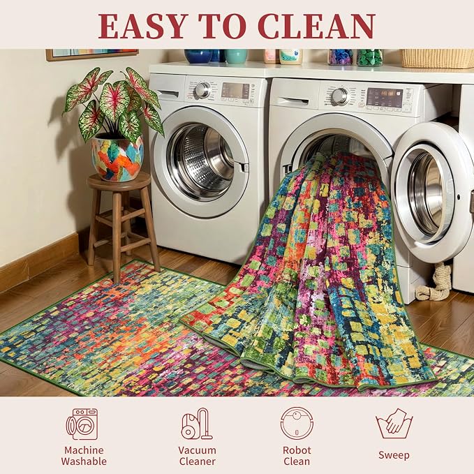 Tangsoo Colorful Fun Abstract 2.6x10 Washable Hallway Runner Rug Non Slip | Modern Funky Soft Low Pile Long Rug, Contemporary 10ft Carpet Runners for Hallway Kitchen Bedroom Living Room Home Decor