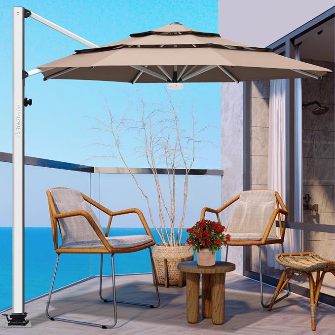EliteShade USA APOLLO 3-Tier 11FT Full Aluminum Cantilever Patio Umbrella for Outdoor restaurant Garden Courtyard Deck Pool and Marketing with Light,Heather Beige