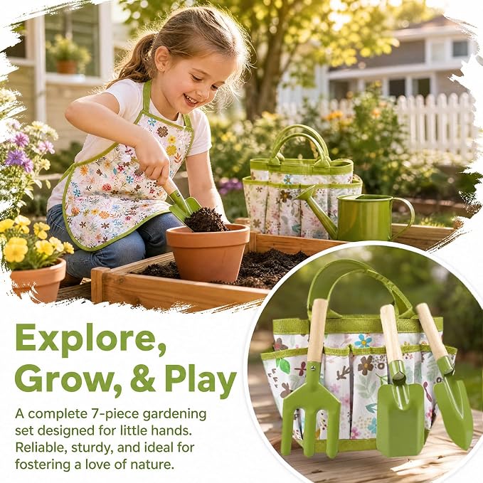 Kids Gardening Set, Gardening Tools Kit for Kids Toddler, Includes Tote Bag, Apron, Gloves, Watering Can, Shovel, Rake, Garden Tool Set Outdoor Toys Gifts for Boys Girls (Green Flower)