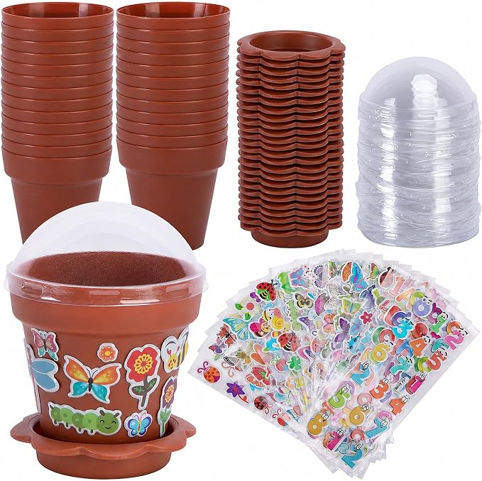 25 Packs Cupcake Plant Nursery Pots with Humidity Dome, Small Plastic Flower Plant Pots with 20 Sheet Stickers, Seeds Starter Pot Flower Planting Container for Seedlings Succulent Display (Wine Red)