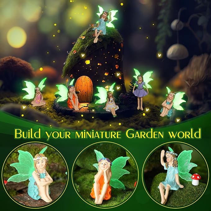 RattanView 6 Pcs Luminous Fairy Figurines Miniatures Resin Fairies Figurines Garden Accessories Small Vintage Luminous Fairy Statues for Outdoor Yard Garden Home Decorations