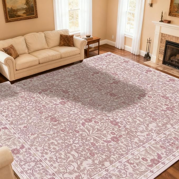 Area Rug for Living Room, 10x12 Large Washable Rugs for Dining Room, Bedroom, Non Slip Stain Resistant Carpet, Low Pile Vintage Floral Rug (Pink)