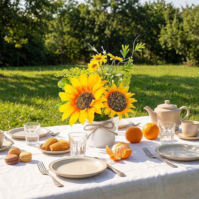 Zeyune 24 Pcs Sunflower Potted Plants Rustic Summer Spring Kitchen Wedding Table Centerpieces Silk Yellow Fake Flower with Plastic Pot for Home Bathroom Office (White,Sunflower)