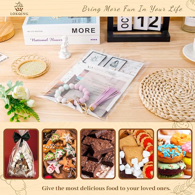 LOKQING Cellophane Bags Plastic Mothers Day Gift Bags Clear Cookie Treat Bags with Twist Ties for Party Favor, Graduation Gift Bags(100PACK, 8x11inch)