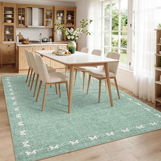 COZYLOOM 8x10 Large Bow Border Area Rug for Living Room, Machine Washable Area Rugs for Bedroom, Non Slip Non Shedding Solid Color Rug Stain Resistant Low Pile Mats for Dining Room, Office, Green