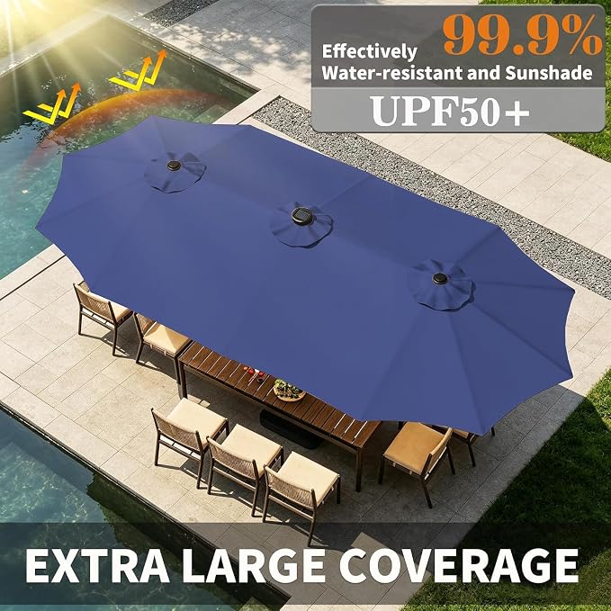 DomeShade 15 Ft Patio Umbrella with Solar Lights,Base Included,Sun Shades Outdoor Patio Parasol,Large Table Outdoor Umbrella,36 LED Lights,Awnings for Outside,Backyard Umbrella,Navy Blue