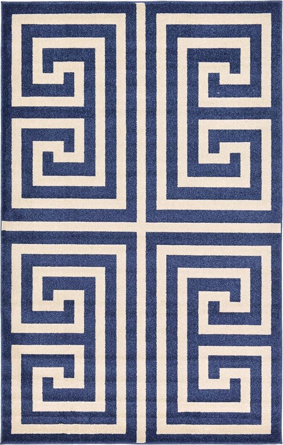 Unique Loom Athens Collection Classic Geometric Modern Border Design Area Rug (5' 0 x 8' 0 Rectangular, Navy Blue/ Beige)